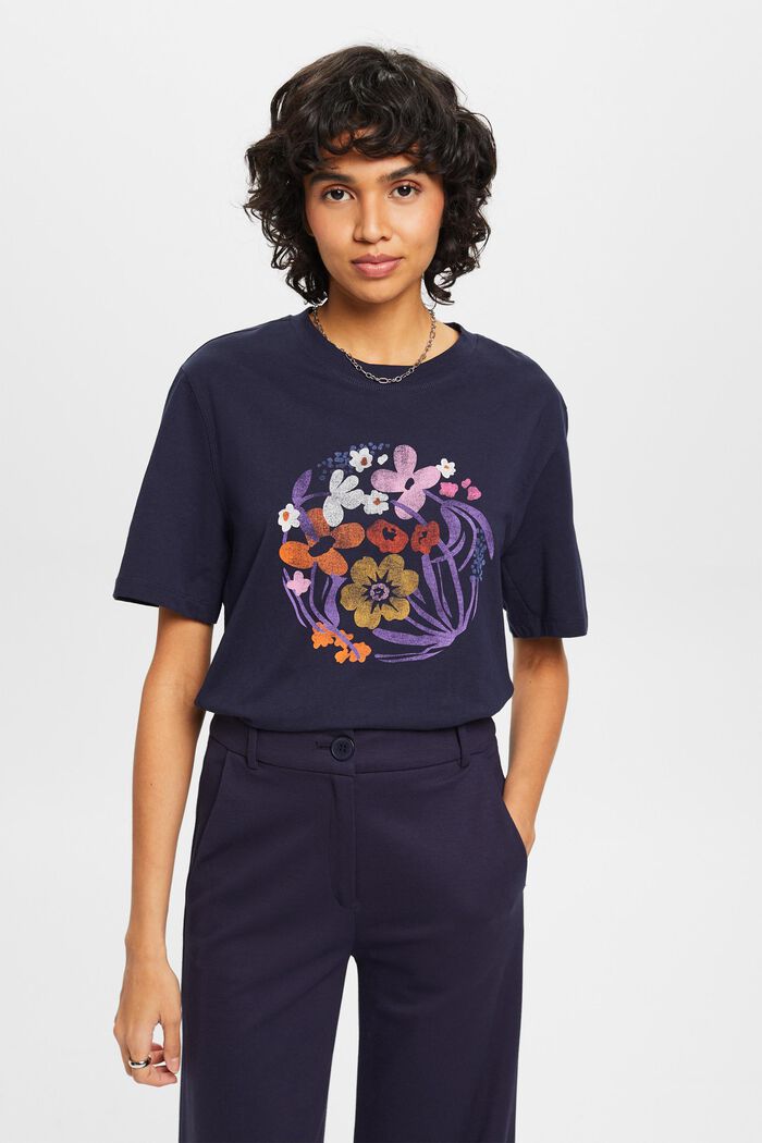 T-shirt med blomsterprint, NAVY, detail image number 0
