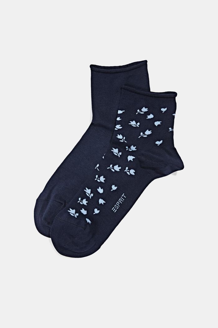 Pakke med 2 par korte sokker med blomstermønster, MARINE, detail image number 0