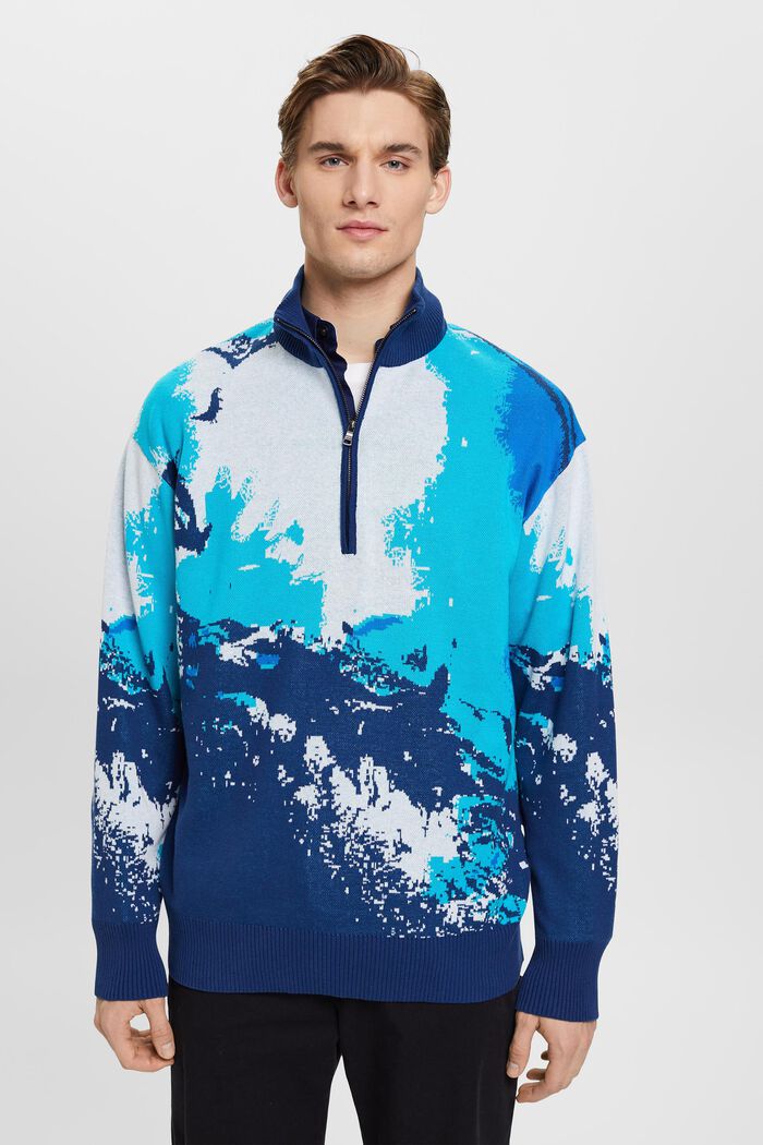 Pullover med lynlås i halv længde og bølgemønster, BLUE, detail image number 0