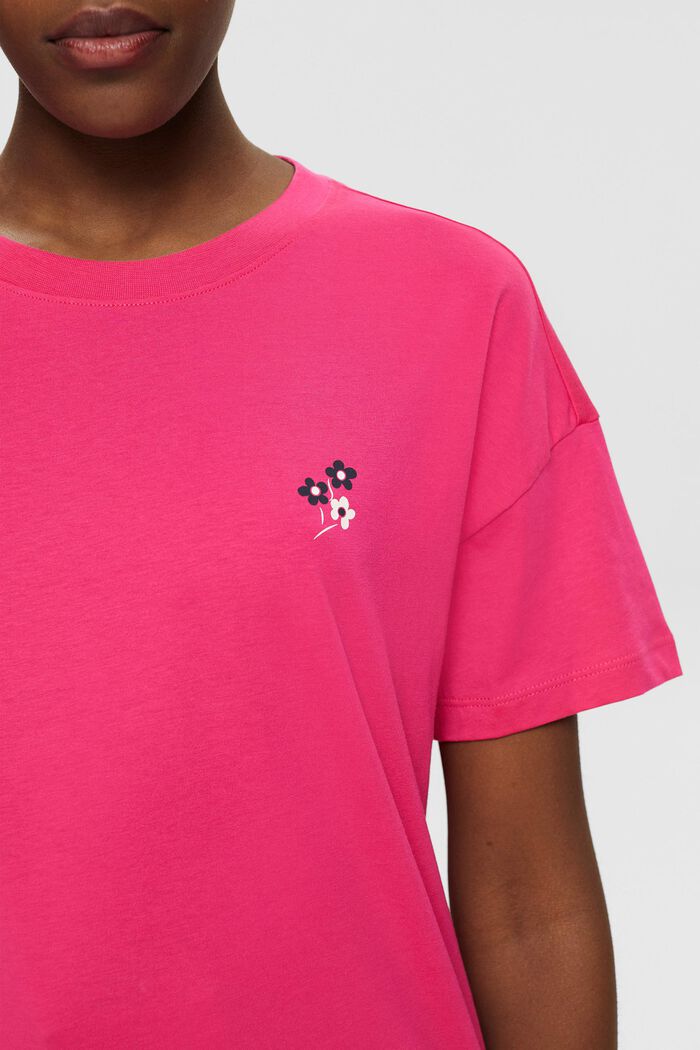 T-shirt med blomsterprint på brystet, PINK FUCHSIA, detail image number 2