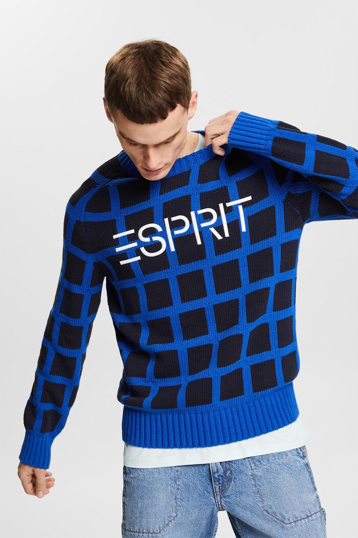 Sweater i chunky strik med logo og gittermønster, BRIGHT BLUE, detail image number 4