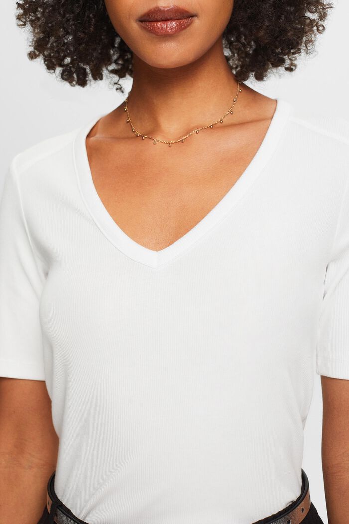 Ribbet T-shirt med V-hals, OFF WHITE, detail image number 3