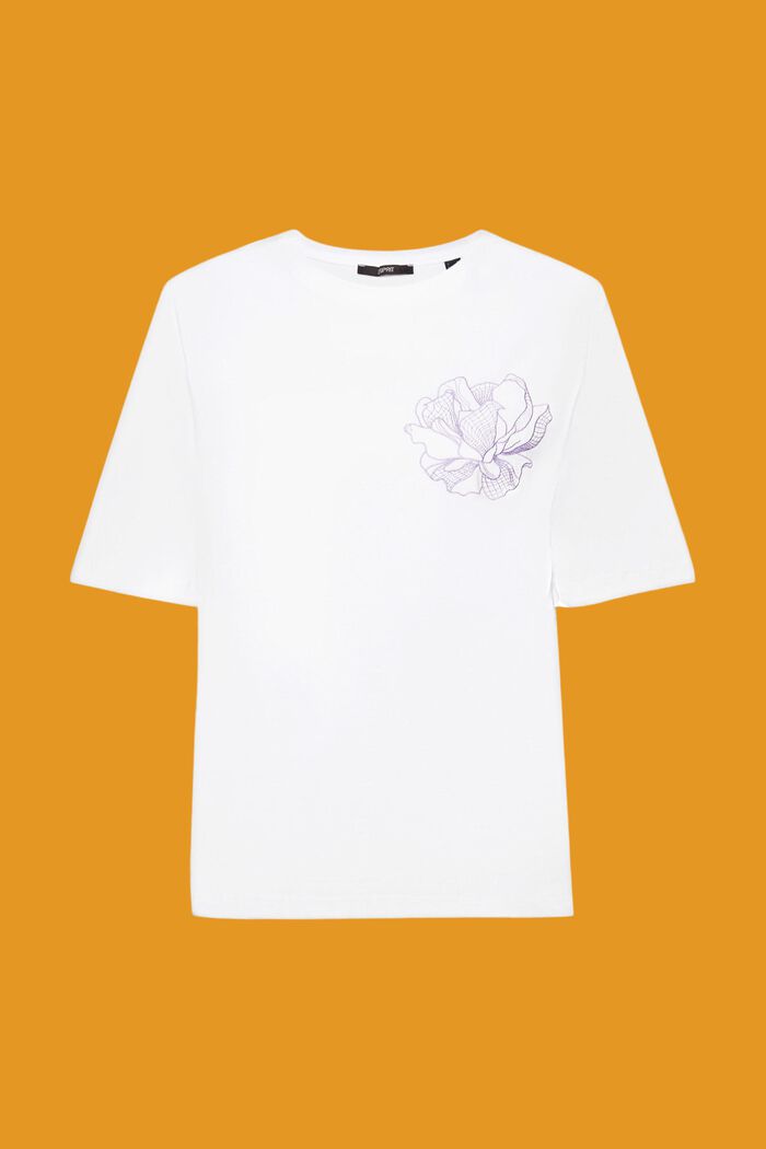 Bomulds-T-shirt med broderet blomst, OFF WHITE, detail image number 6