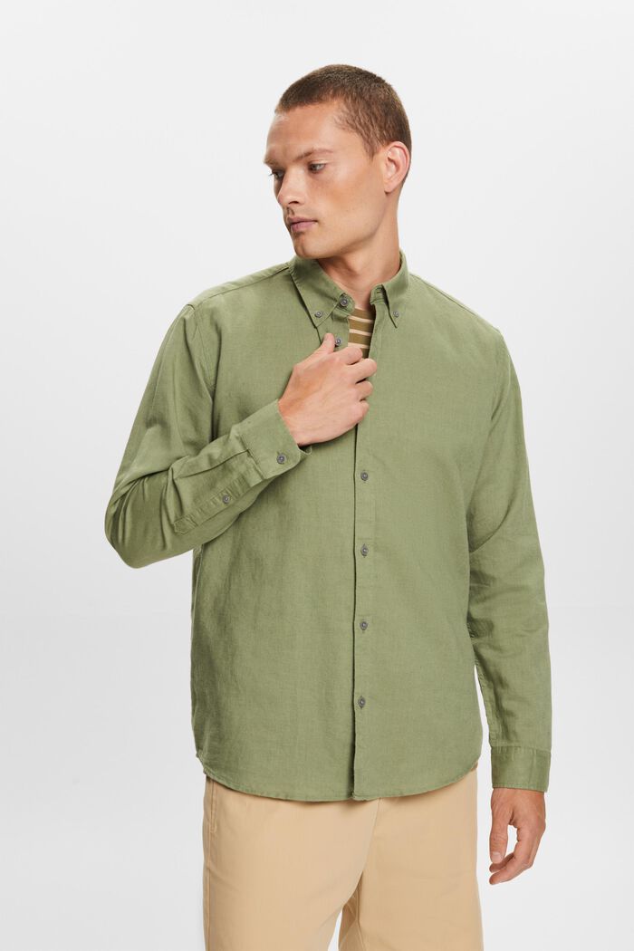 Button down-skjorte i bomulds- og hørmiks, LIGHT KHAKI, detail image number 0