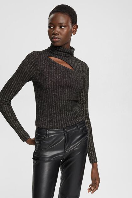 Rullekravesweater med glimmereffekt og cut-out, BLACK, overview