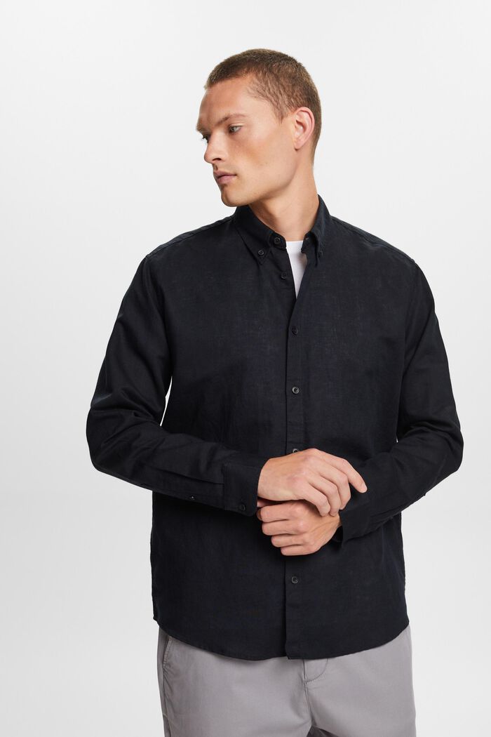 Button down-skjorte i bomulds- og hørmiks, BLACK, detail image number 0