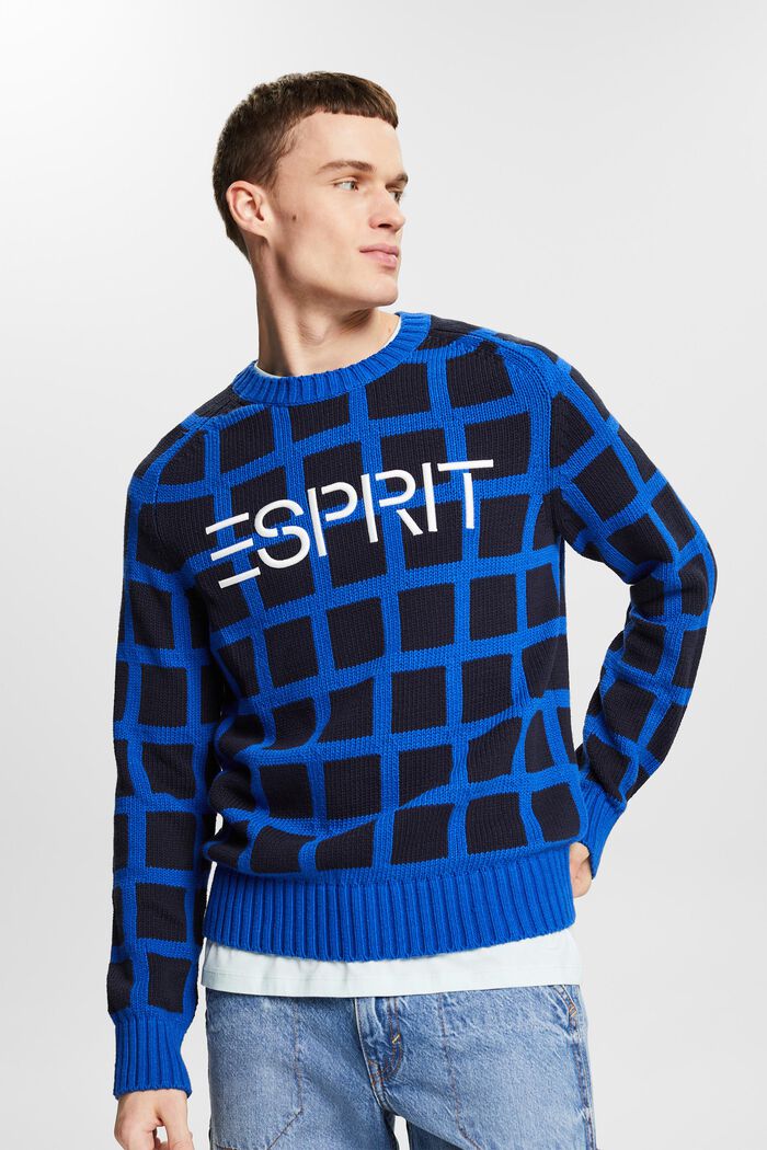 Sweater i chunky strik med logo og gittermønster, BRIGHT BLUE, detail image number 0