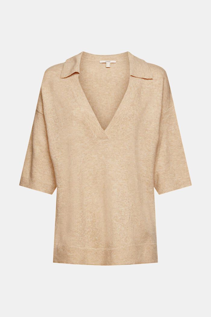 Med uld: kortærmet pullover med skjortekrave, SAND, overview
