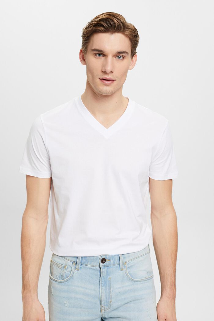 Slim fit bomulds-T-shirt med V-hals, WHITE, detail image number 0