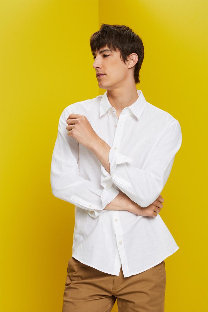 Button down-skjorte i bomulds- og hørmiks, WHITE, detail image number 4