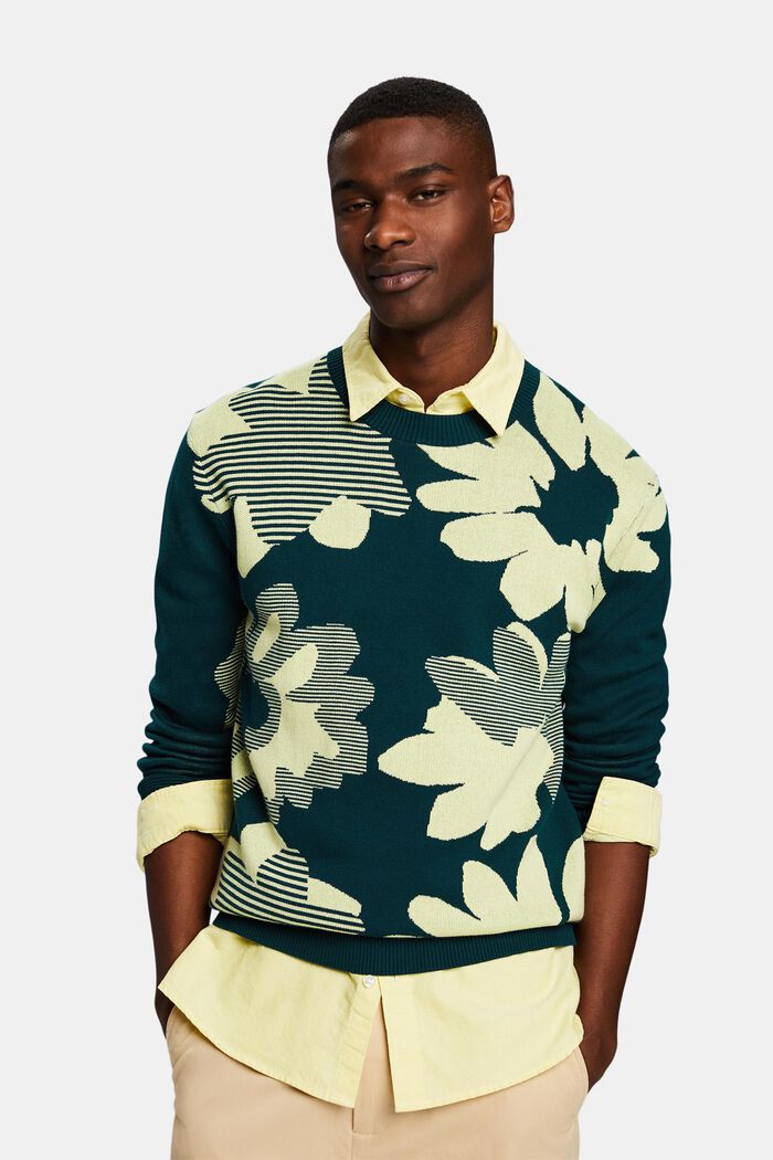 Jacquard-sweater i bomuld, DARK TEAL GREEN, detail image number 0