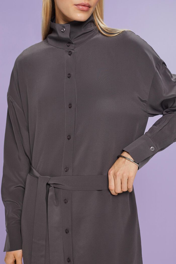 Midi-skjortekjole i silke, DARK GREY, detail image number 3