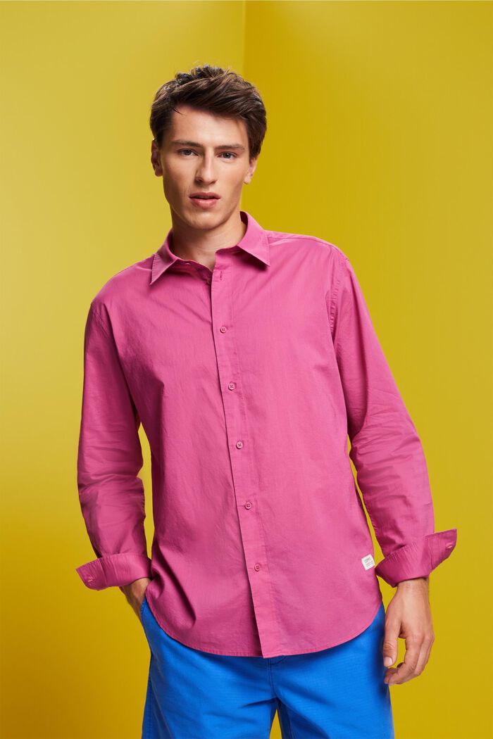 Ensfarvet skjorte med lange ærmer, 100 % bomuld, DARK PINK, detail image number 0