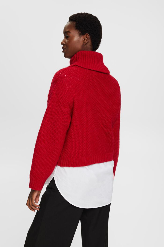 Sweater i kabelstrik med rullekrave og uld, DARK RED, detail image number 3