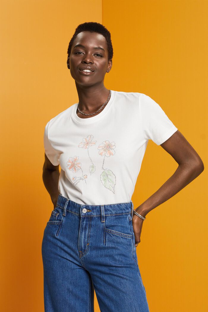 Bomulds-T-shirt med blomsterprint, OFF WHITE, detail image number 0