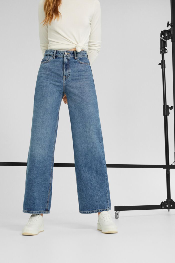 Jeans med vidde i benene, 100% økologisk bomuld, BLUE MEDIUM WASHED, overview