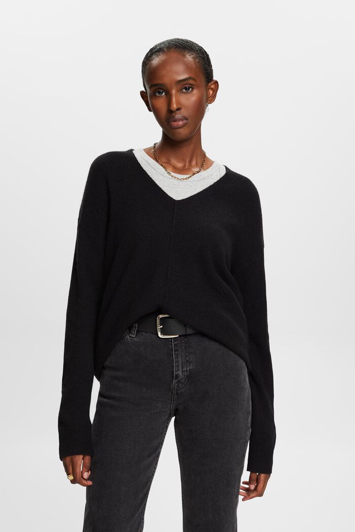 Sweater i uldmiks med V-hals, BLACK, detail image number 0