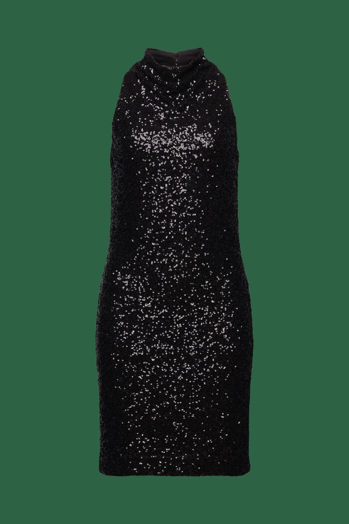 Ærmeløs minikjole med halterneck og pailletter, BLACK, detail image number 7