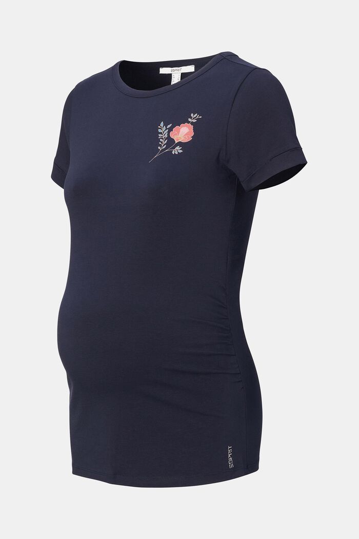 T-shirt med blomsterprint, økologisk bomuld/stretch, NIGHT SKY BLUE, overview