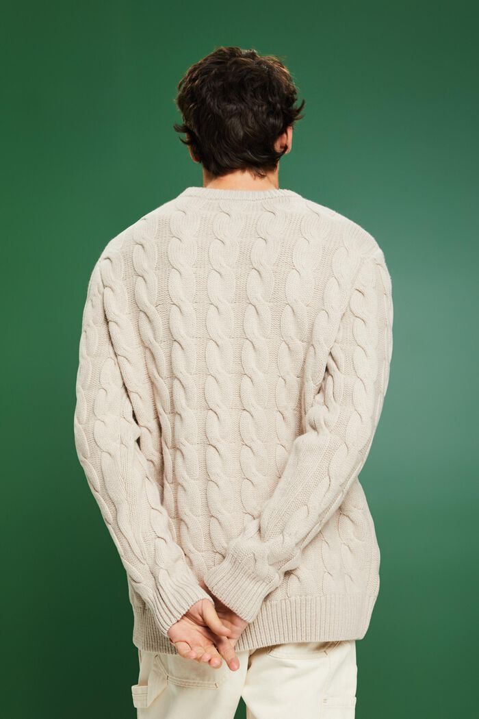 Kabelstrikket sweater i uld, LIGHT TAUPE, detail image number 3