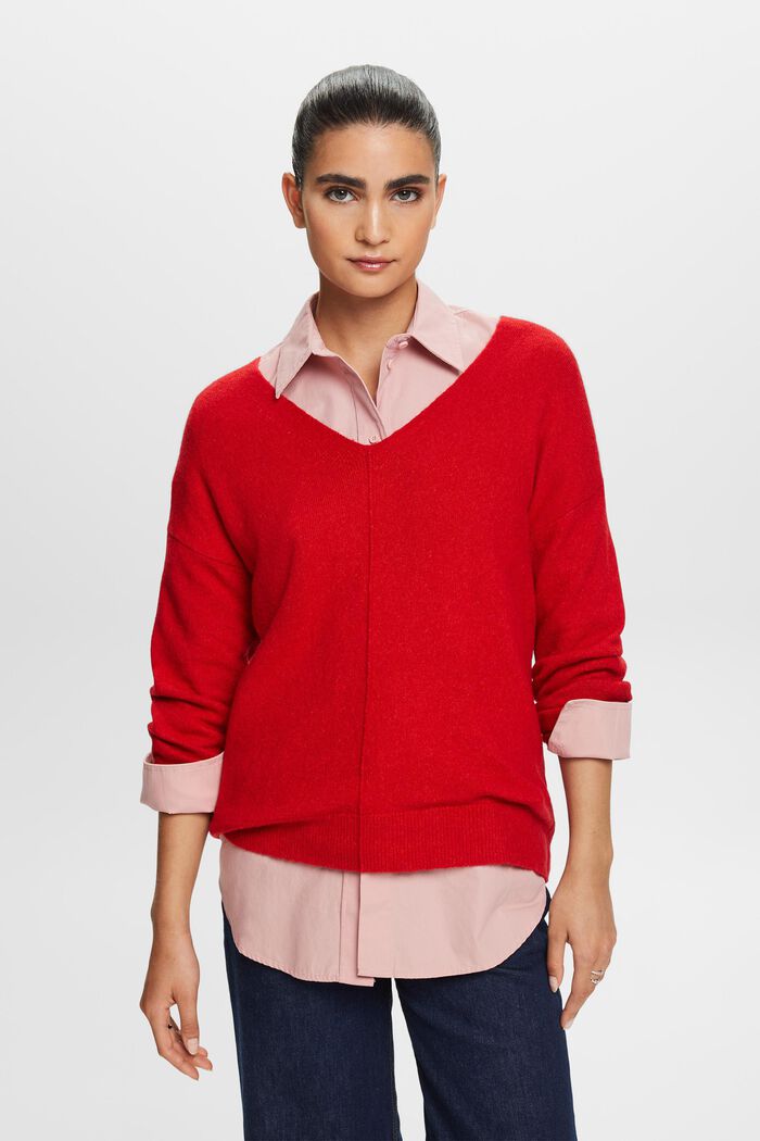 Sweater i uldmiks med V-hals, DARK RED, detail image number 0
