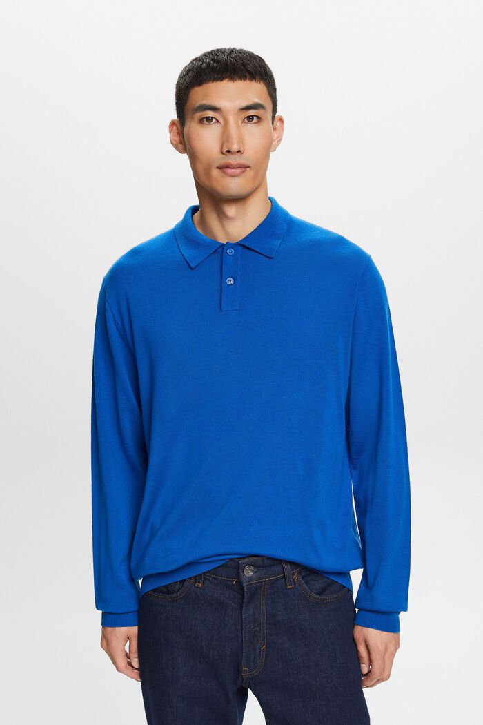 Polosweater i uld, BRIGHT BLUE, detail image number 1