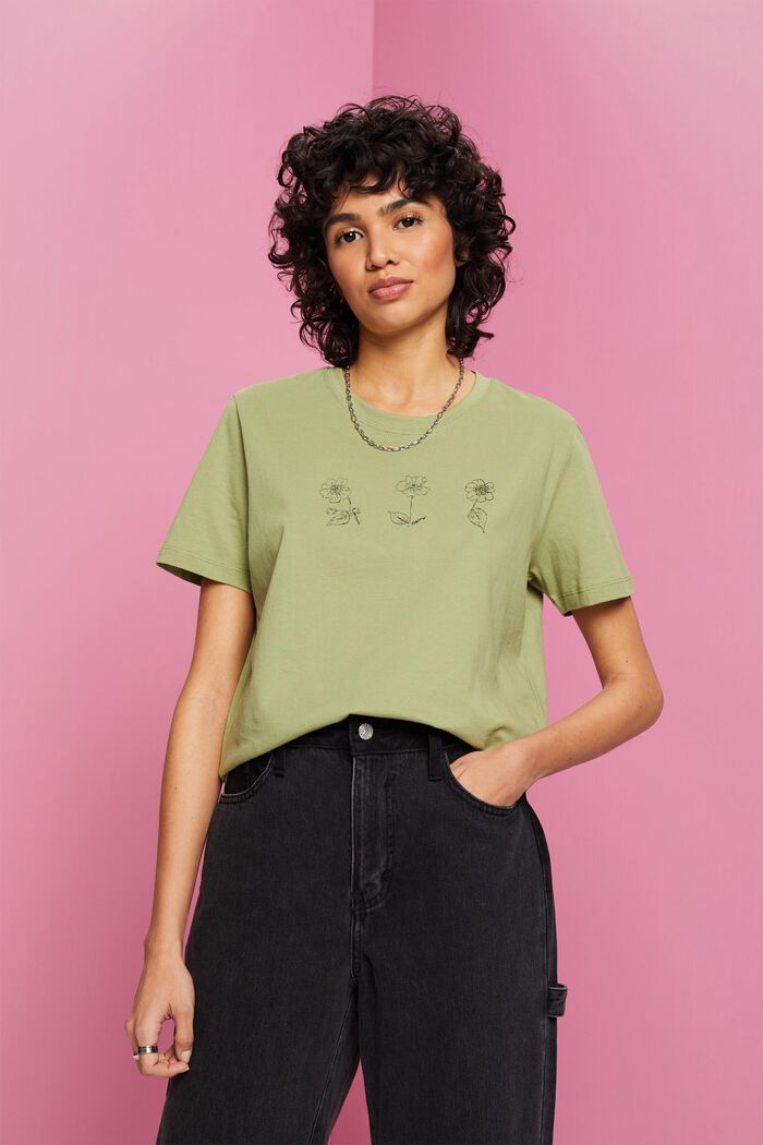 Bomulds-T-shirt med blomsterprint, PISTACHIO GREEN, detail image number 0