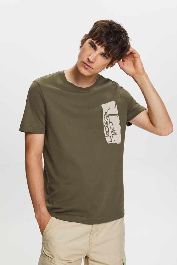 T-shirt med frontprint, 100 % bomuld, KHAKI GREEN, detail image number 0