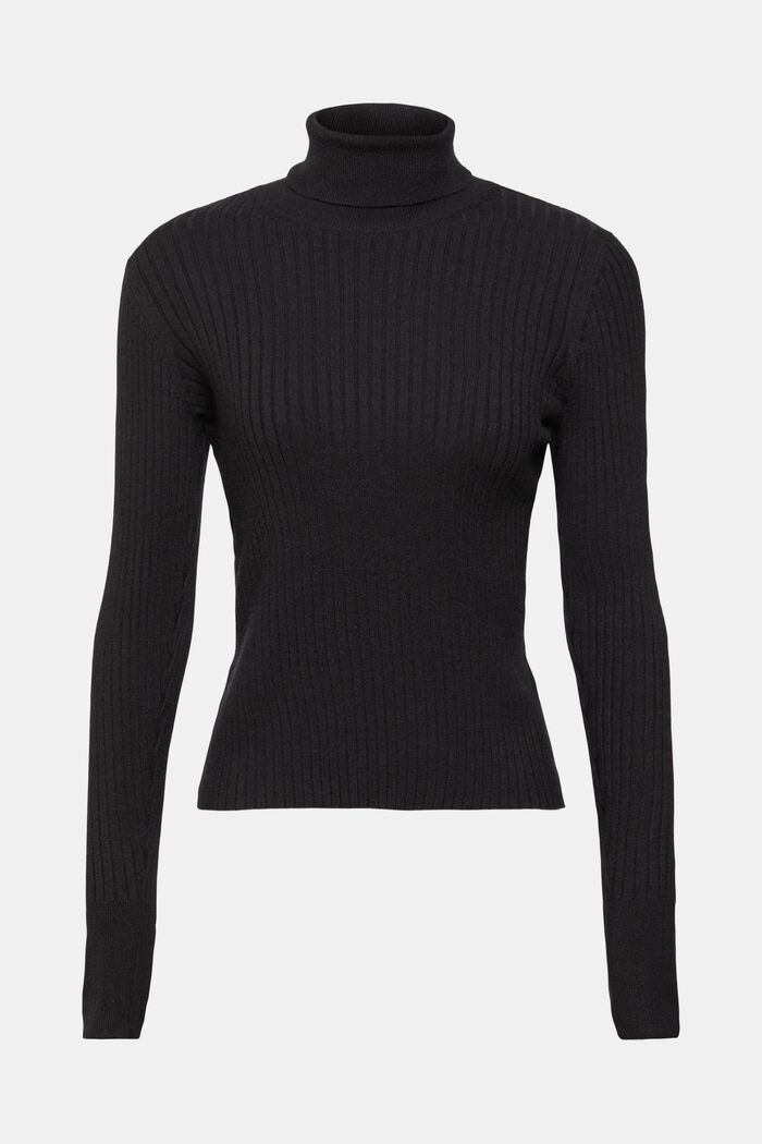 Ribstrikket sweater med rullekrave, BLACK, overview
