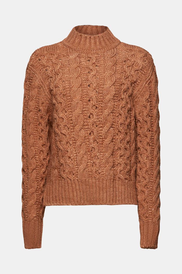 Kabelstrikket sweater i uldmiks, CARAMEL, detail image number 6