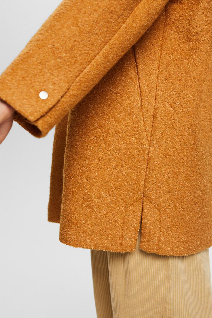Frakke i krøllet uldmiks med hætte, CARAMEL, detail image number 1
