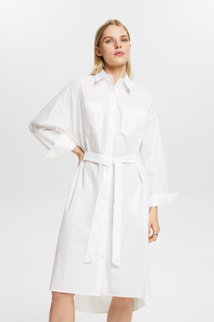 Skjortekjole i poplin med bælte, WHITE, detail image number 0