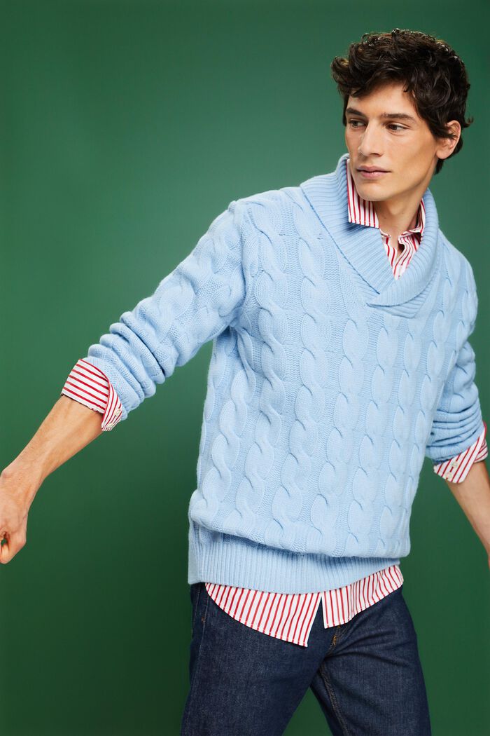 Kabelstrikket sweater i uld med sjalskrave, LIGHT BLUE LAVENDER, detail image number 5