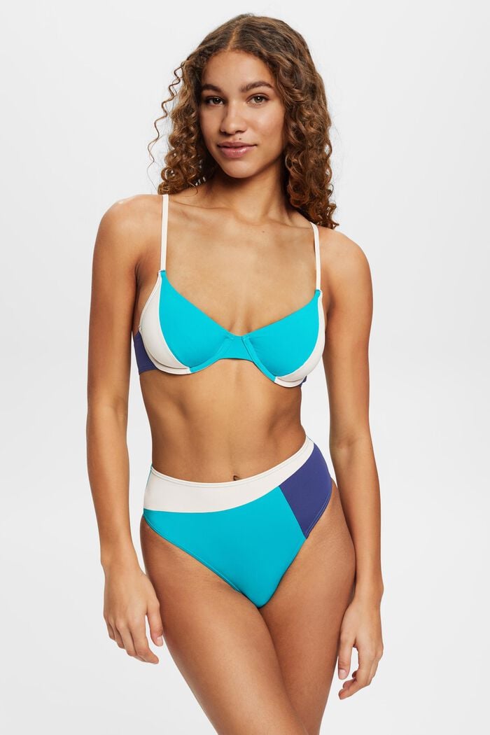 Bikinitrusser med høj talje og farveblok-design, TEAL GREEN, detail image number 0