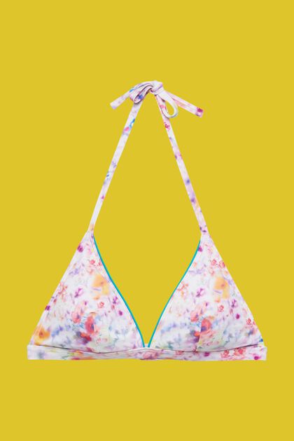 Polstret halterneck-bikinitop med blomsterprint, TEAL BLUE, overview