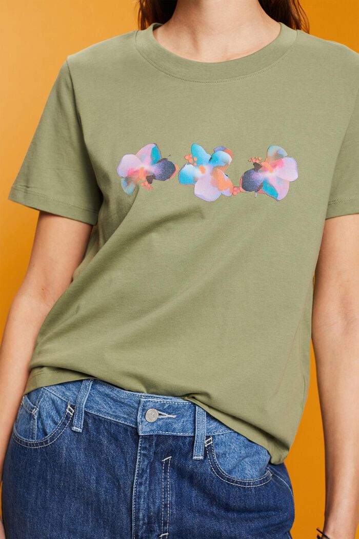 Bomulds-T-shirt med blomsterprint, LIGHT KHAKI, detail image number 2