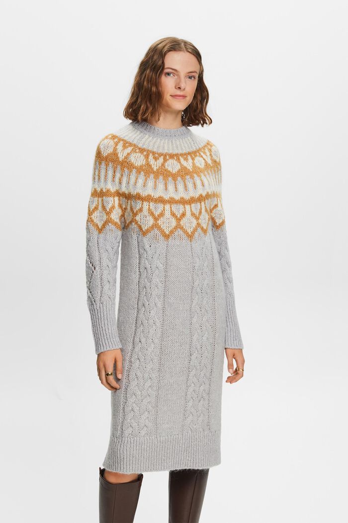 Kabelstrikket sweaterkjole med jacquard-mønster, LIGHT GREY, detail image number 2
