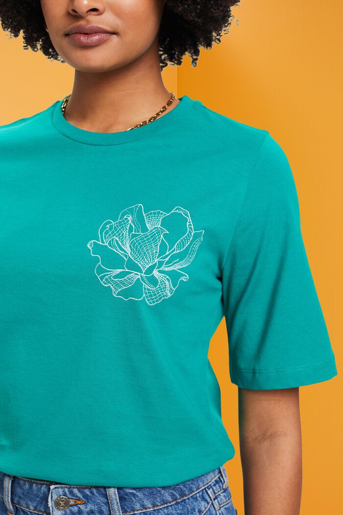 Bomulds-T-shirt med broderet blomst, EMERALD GREEN, detail image number 2
