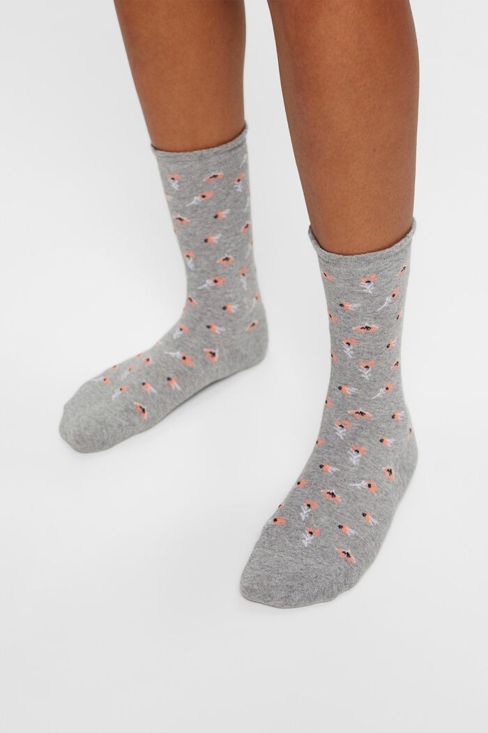 Pakke m. 2 par strikkede sokker m. blomstermønster, LIGHT GREY, detail image number 1