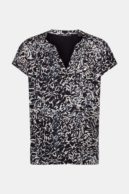T-shirt med halsslids og mønstret front, BLACK, overview