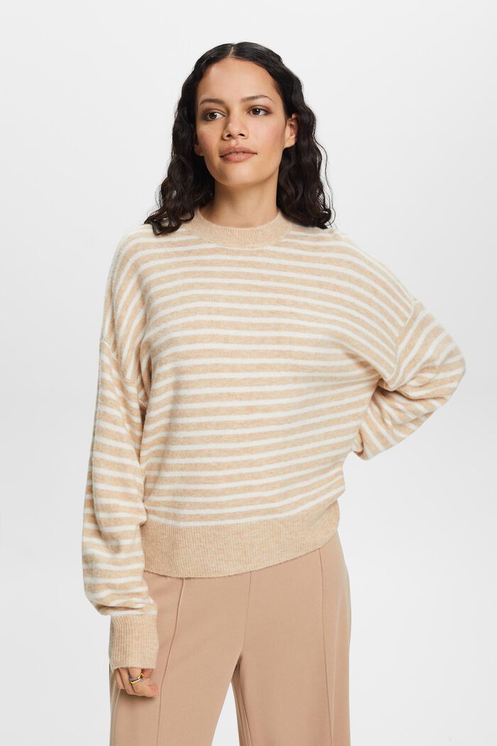 Striksweater med blouson-ærmer, SAND, detail image number 0