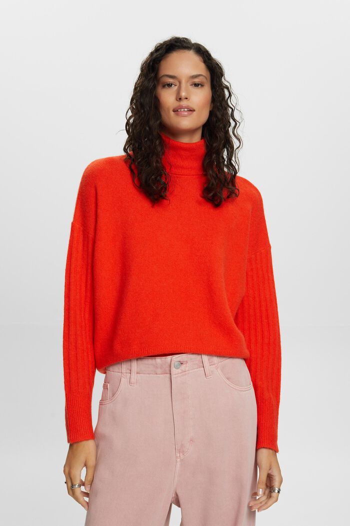 Rullekravesweater i uldmiks, BRIGHT ORANGE, detail image number 0