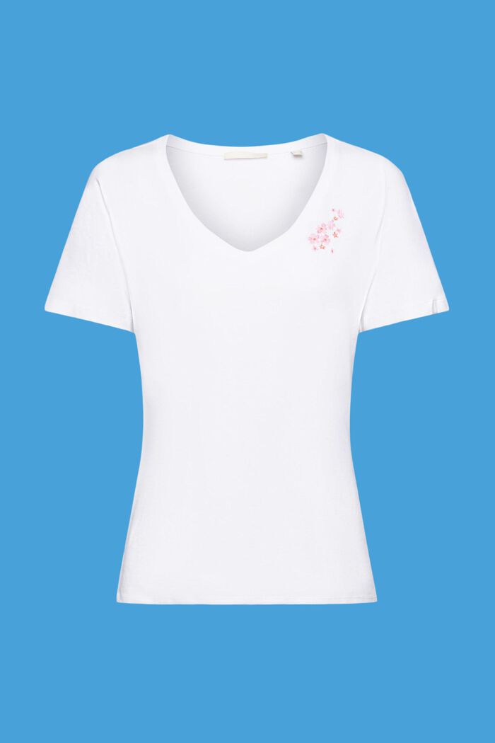 T-shirt med V-hals og blomsterbroderi, WHITE, detail image number 5
