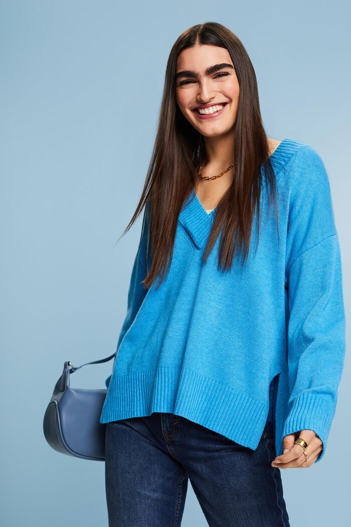 Sweater i uld- og kashmirmiks med V-hals, BLUE, detail image number 0