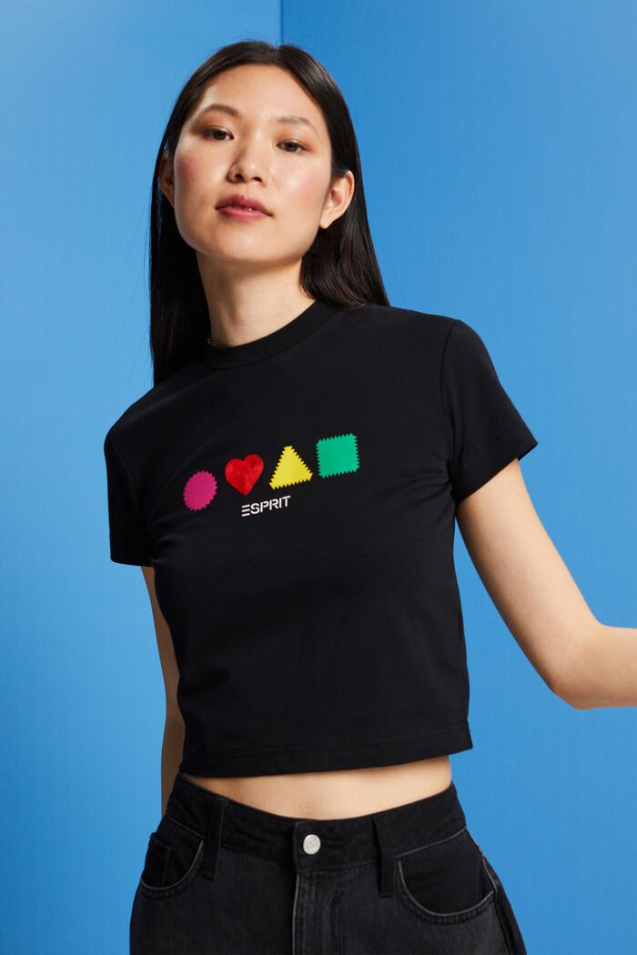 T-shirt i økologisk bomuld med geometrisk print, BLACK, detail image number 0