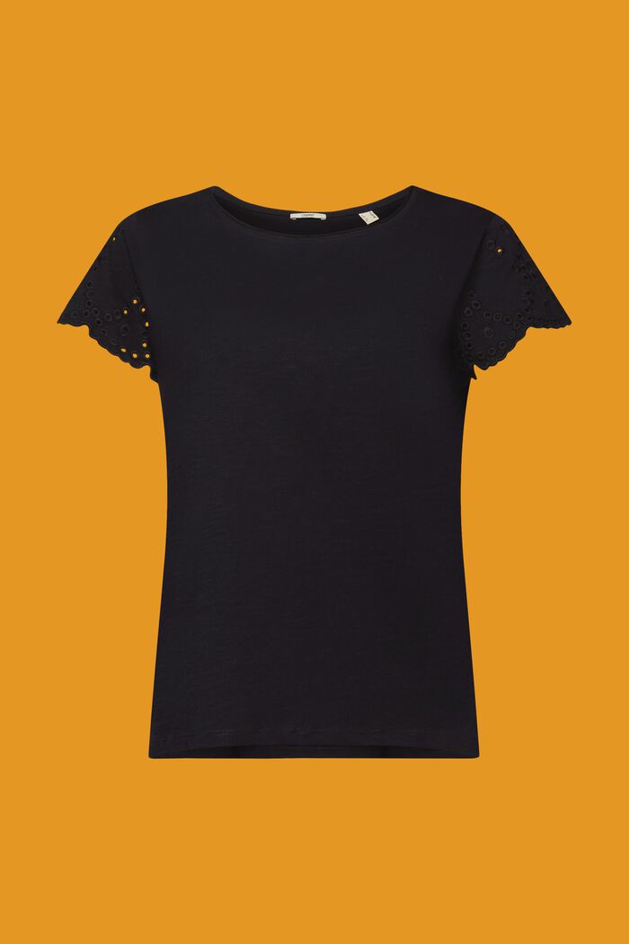 Bomulds-T-shirt med hulmønstrede ærmer, BLACK, detail image number 7