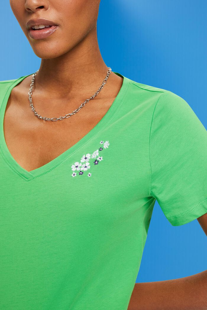 T-shirt med V-hals og blomsterbroderi, GREEN, detail image number 2