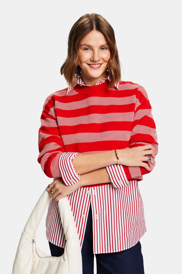 Sweater med jacquard-striber og rund hals, RED, detail image number 0