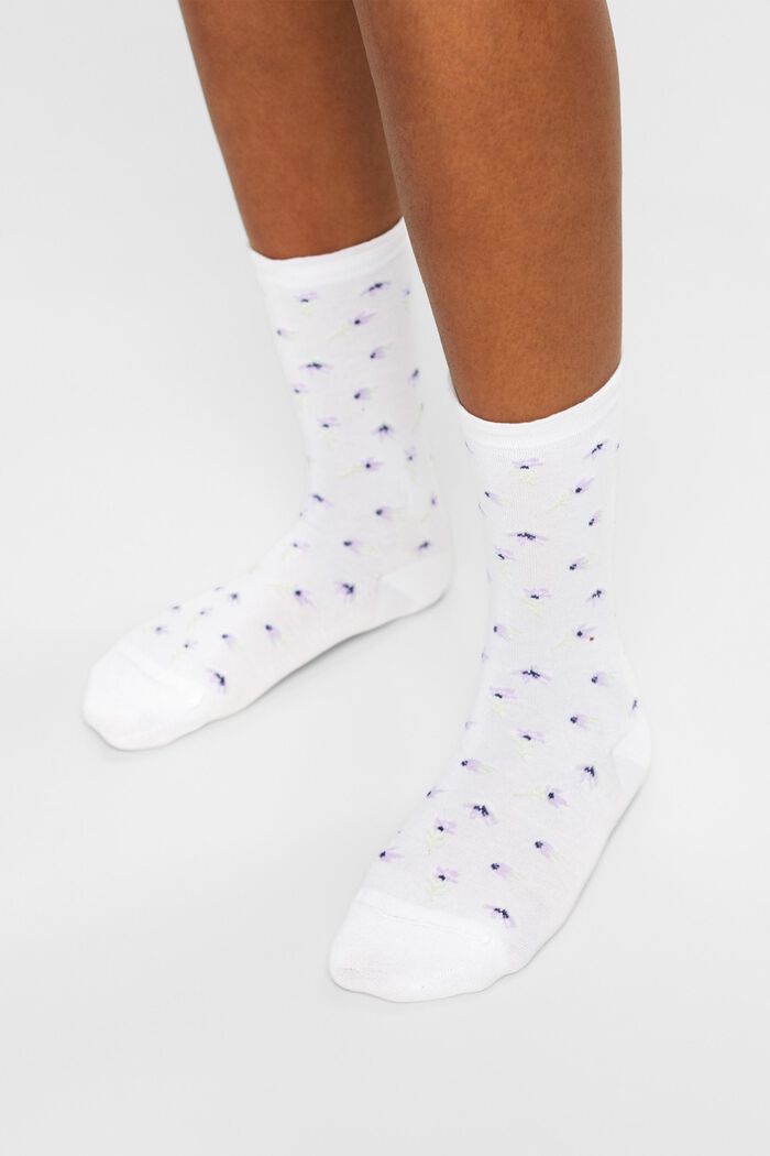 Pakke m. 2 par strikkede sokker m. blomstermønster, WHITE, detail image number 1