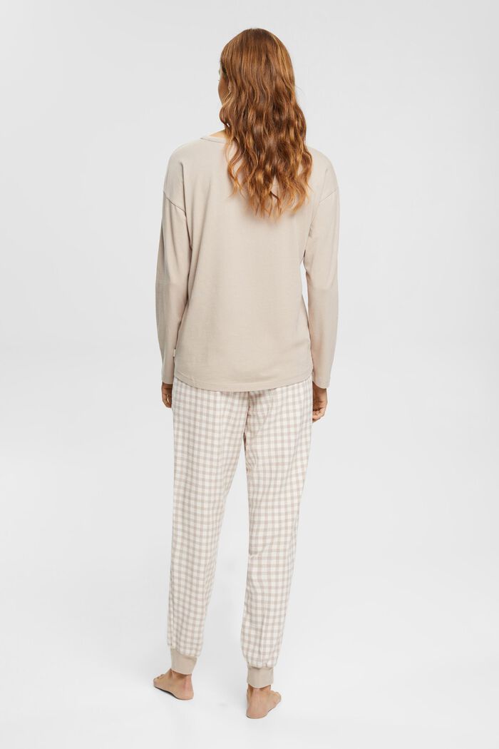 Pyjamas med langærmet top og ternede flonelsbukser, SAND, detail image number 3